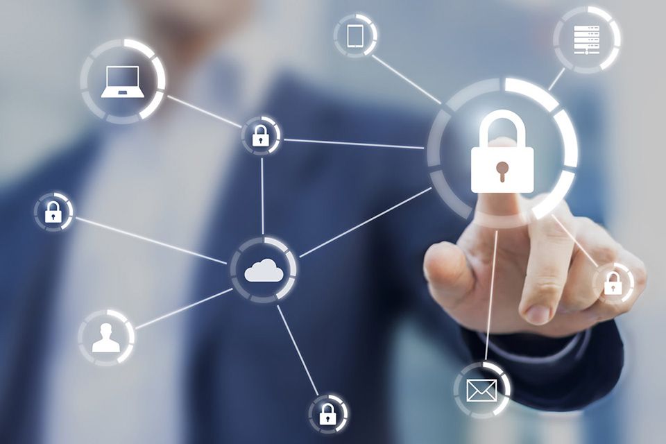 A person touching a network of connected security and cloud icons